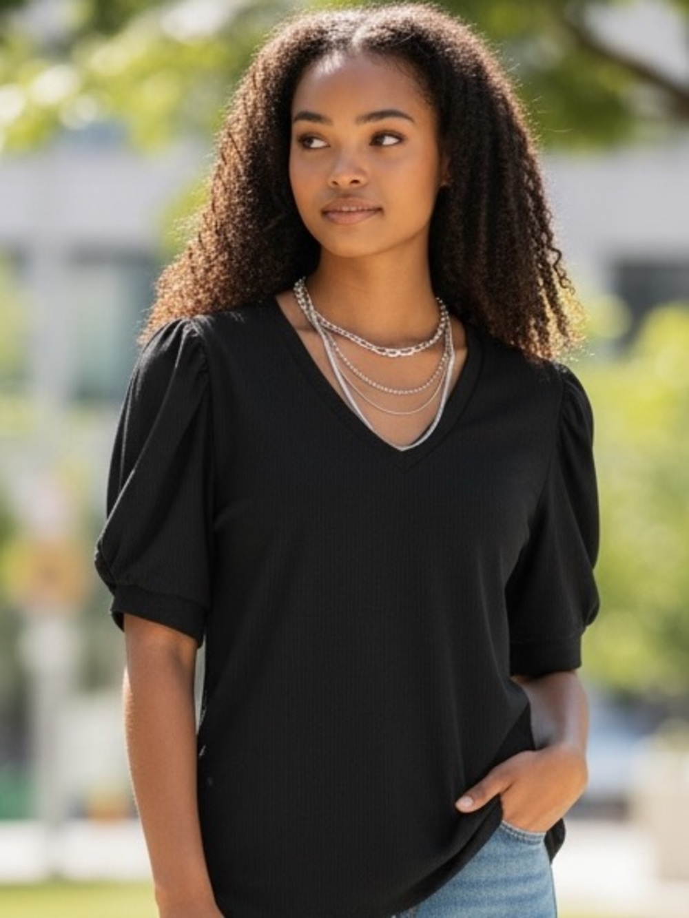 RACHEL Rachel Roy Black V-Neck Puff Sleeve Top-preloved-Size M
